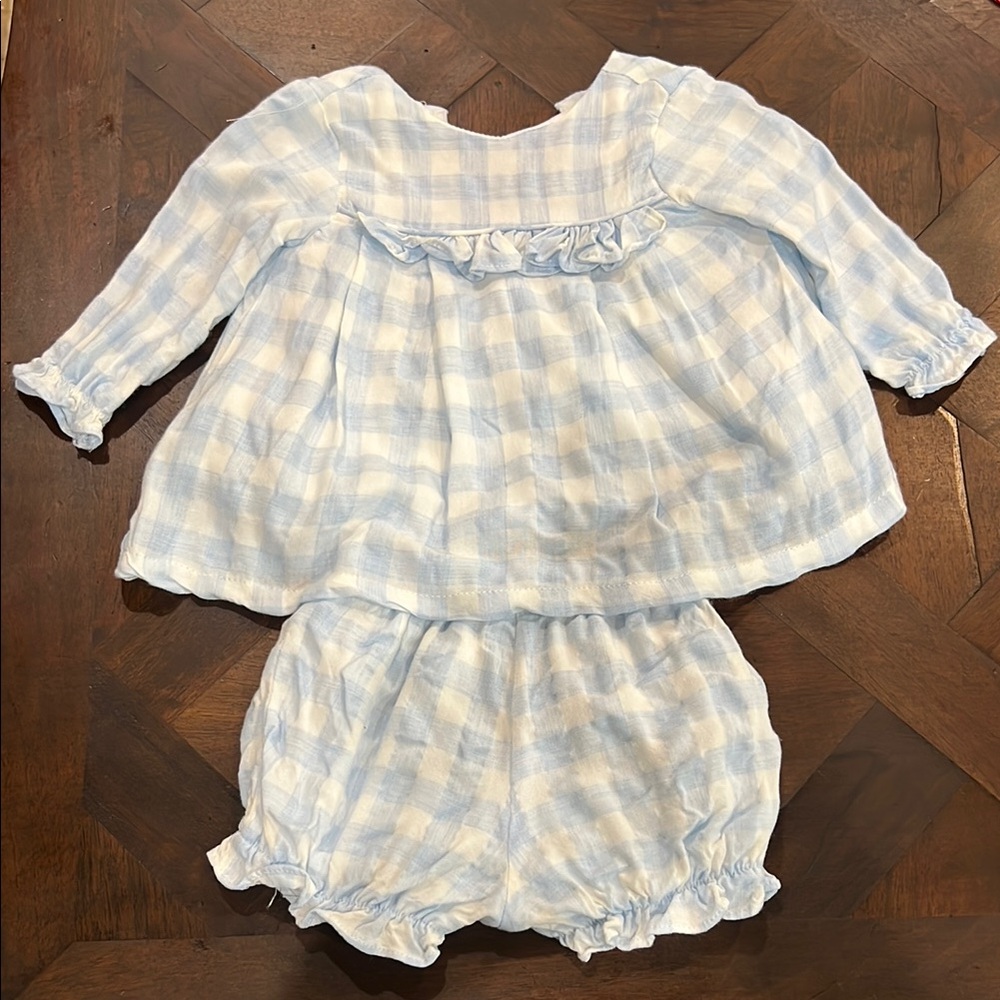 The Oaks Apparel Blue and White gingham girls Matching Set 3 months
